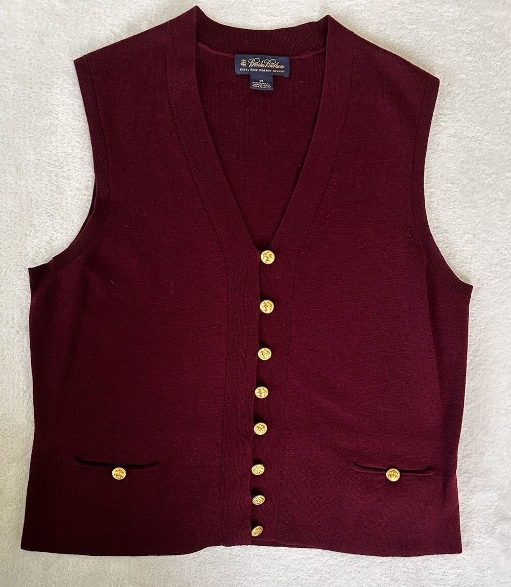 Brooks Brothers Italian Merino Wool V-Neck Sweater Vest Burgundy XL preppy Gold - Picture 5 of 11